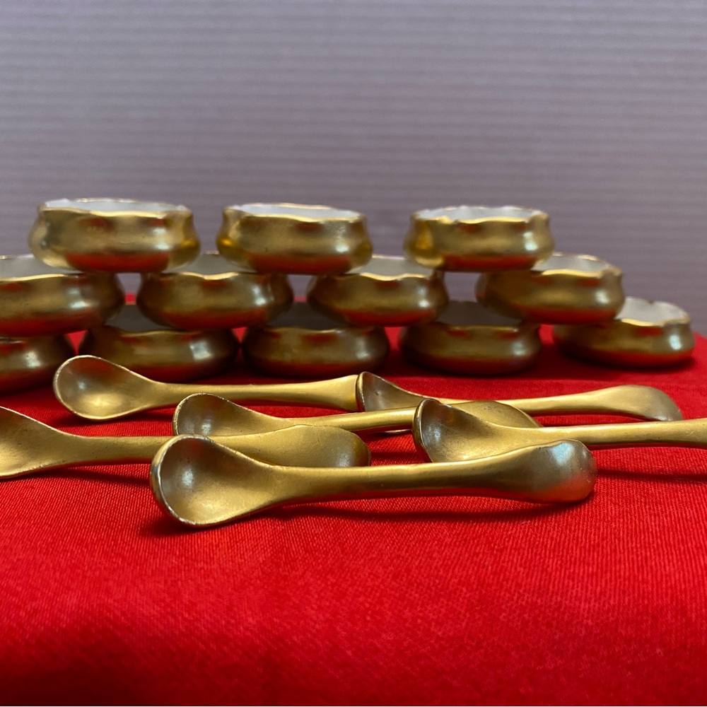 12 Belleek Scalloped Edge Gold Painted Porcelain Open Salt Cellars / 6 Spoons